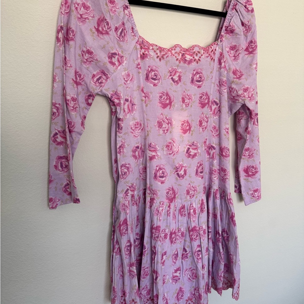 LoveShackFancy Lavender Dress with Pink Rose Print and Neck Tie - Picture 5 of 6
